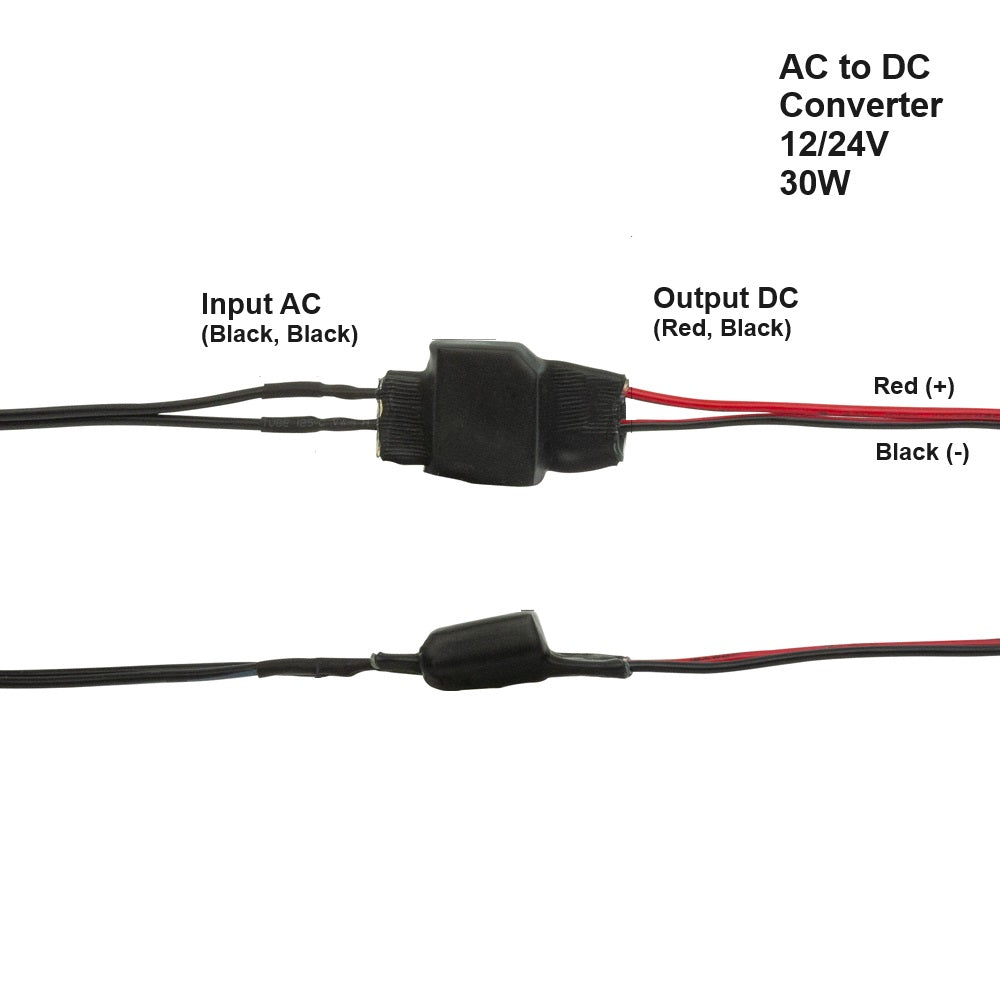 AC to DC converter wiring diagram showing input and output connections for 12/24V, 30W power supply.