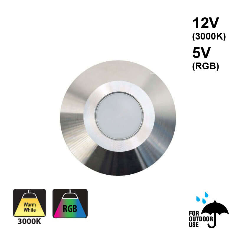Round Outdoor Dimmable LED Step Light/ Pathway Light Flat Bevel Trim Stainless Steel TYPE5 3000K, RGB