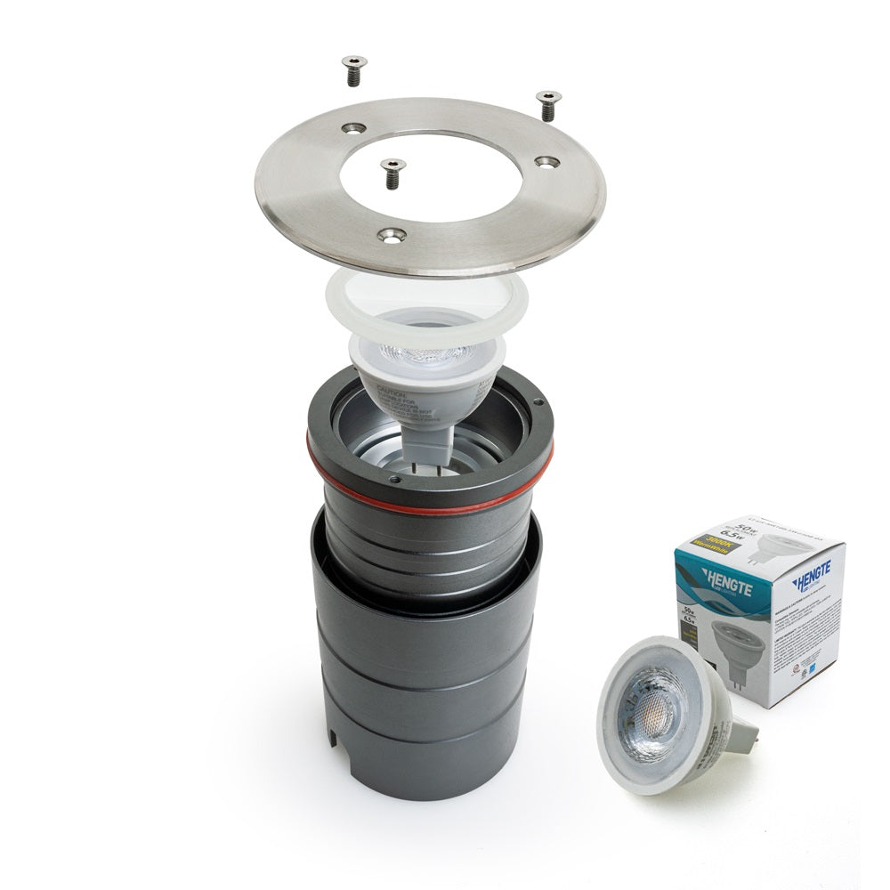 Exploded view of MR16 outdoor inground light fixture with lens and box.