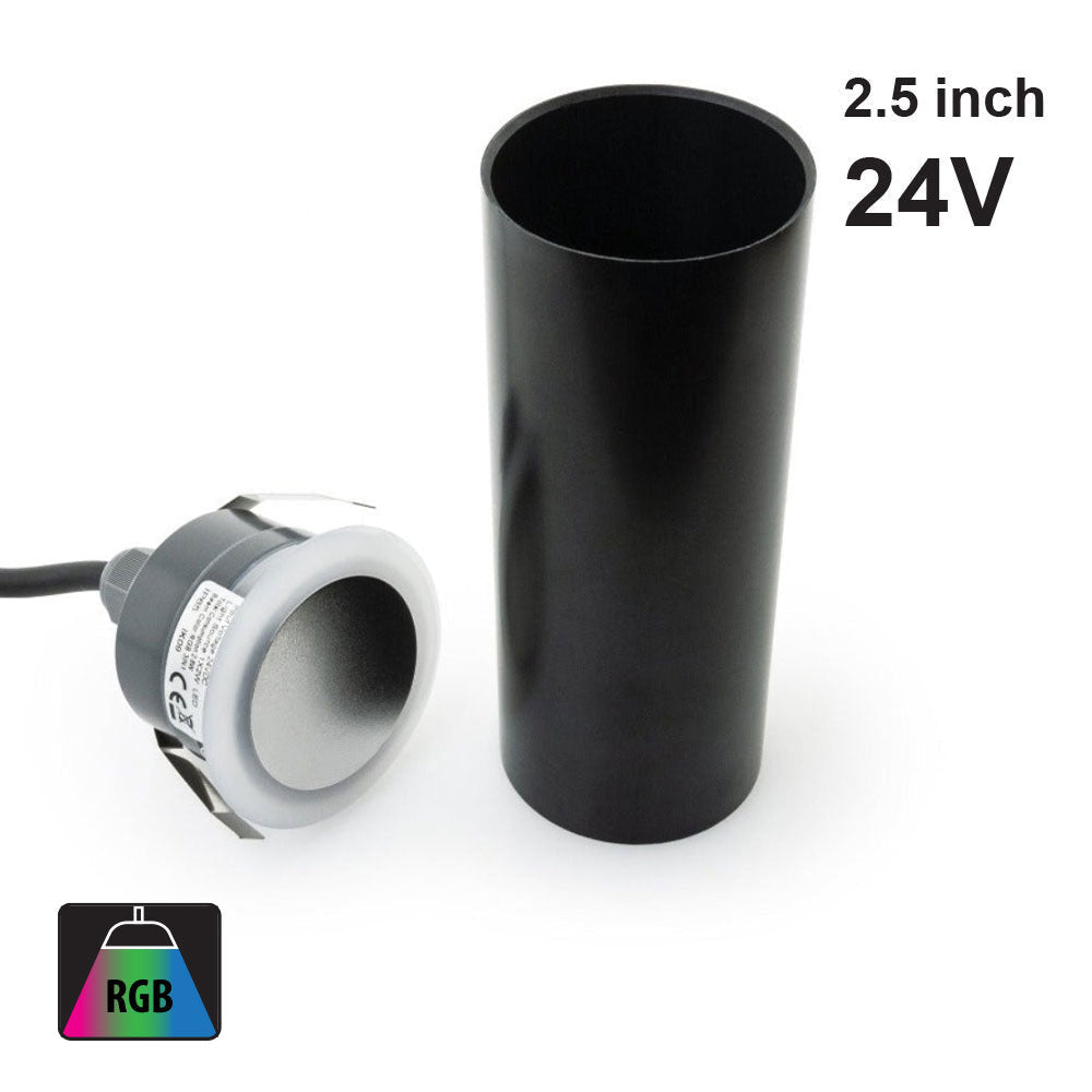 Outdoor 2.5 inch RGB recessed inground light, 24V, showcasing metal housing and LED design.