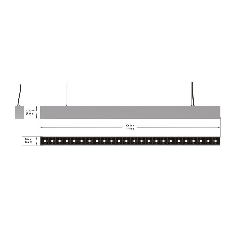 Dimensions of a 4ft LED low glare linear pendant light in gray and black.