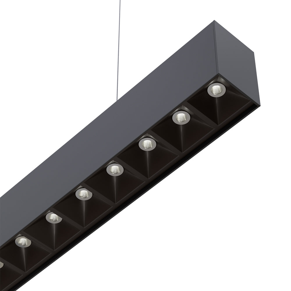 LED low glare linear pendant light in black, 4ft length, featuring multiple recessed bulbs for natural white lighting.