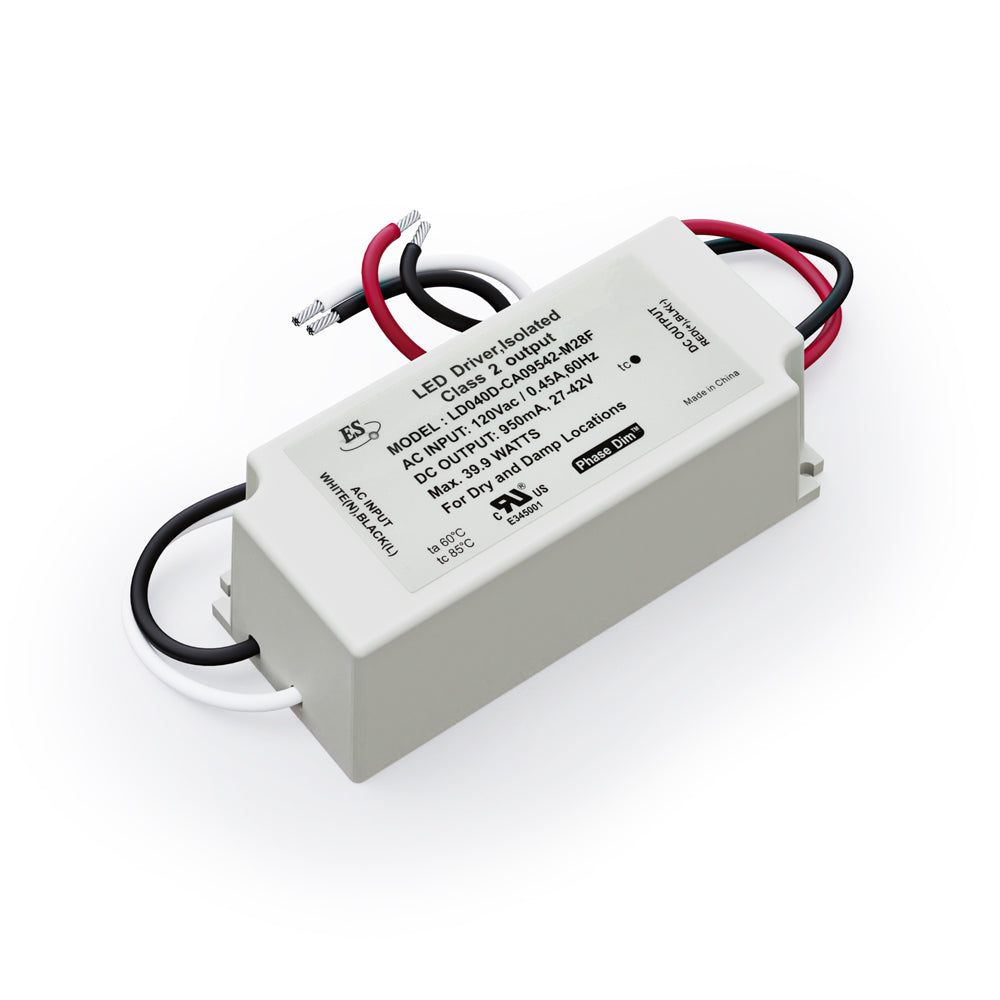 Constant Current LED Driver model LD040D-CU09542-M28F, 950mA, 27-42V, 40W max in compact design.