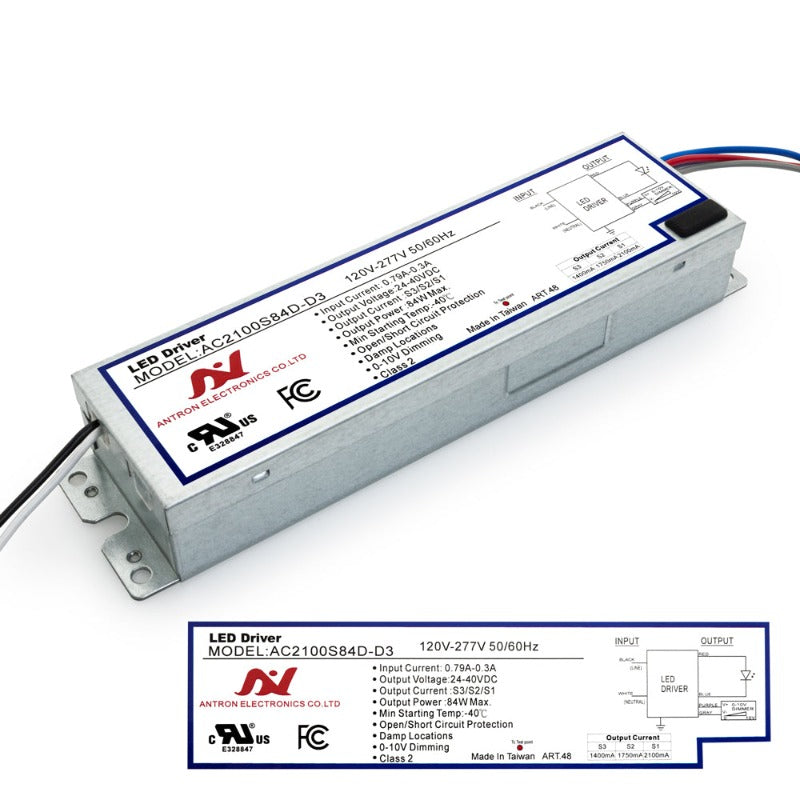 Antron Adjustable Output Current 2100-1750-1400mA with Universal Input Voltage LED Driver 24-40V 84W max AC2100S84D-D3