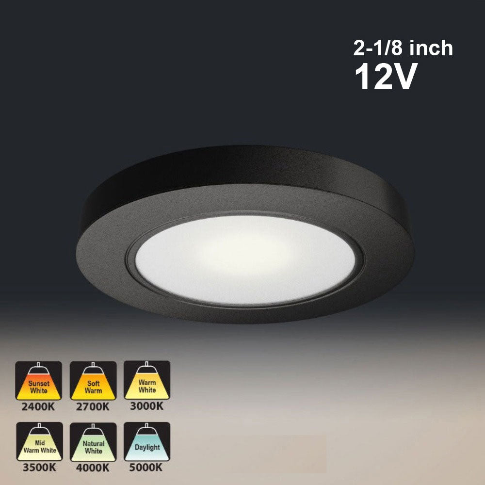 Black round LED cabinet light, 2-1/8 inch, 12V, showing color temperature options from 2400K to 5000K.