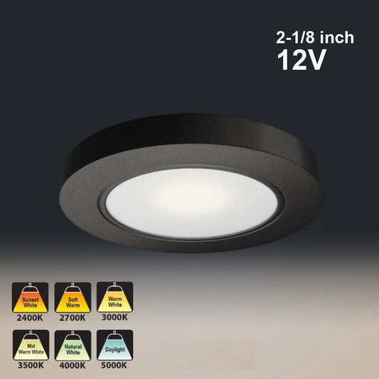 Black round LED cabinet light, 2-1/8 inch, 12V, showing color temperature options from 2400K to 5000K.