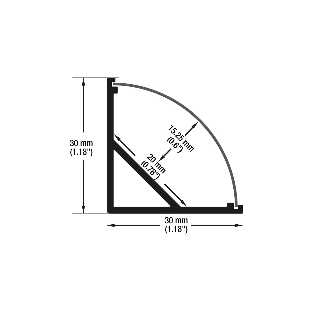 Corner Mount (Curve) Linear Aluminum LED Channel Black for LED Strips 2Meters(6.5ft) VBD-CH-C3B-2
