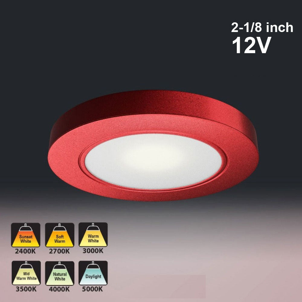 Red round LED under cabinet light, 12V, 2.5W, available in multiple color temperatures, 2-1/8 inch size.