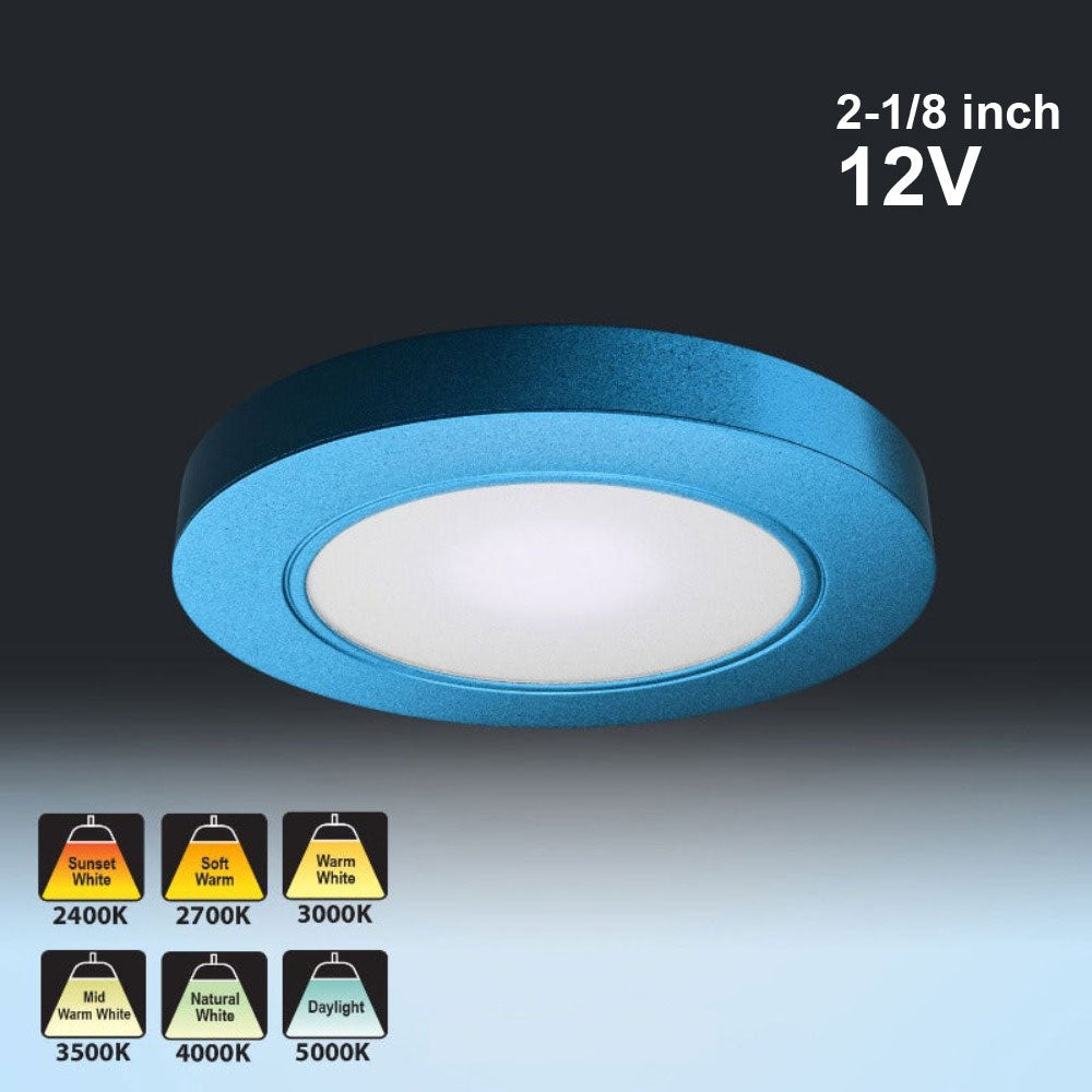 Blue round LED under cabinet light, 2-1/8 inch, 12V, featuring various color temperatures and a sleek design.
