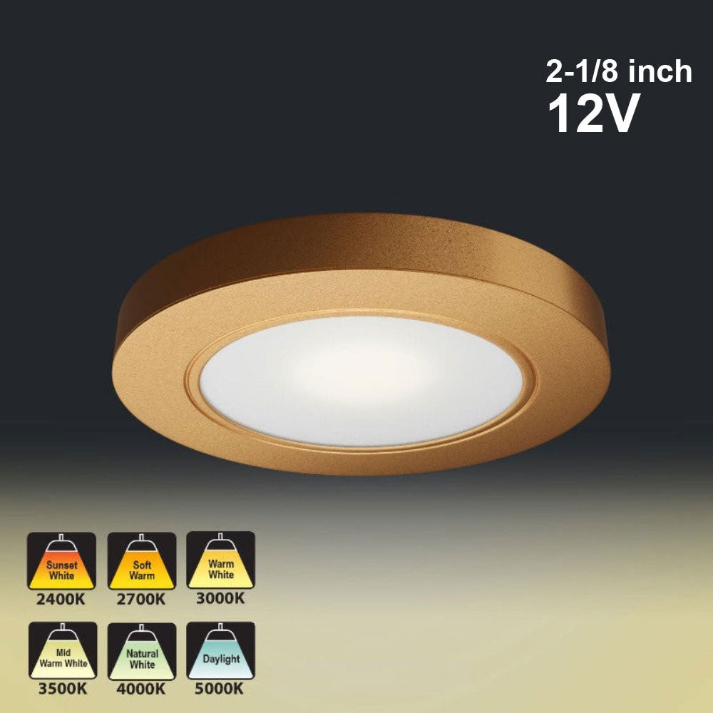 Gold round LED cabinet light, 2-1/8 inch, 12V with multiple color temperatures from 2400K to 5000K.