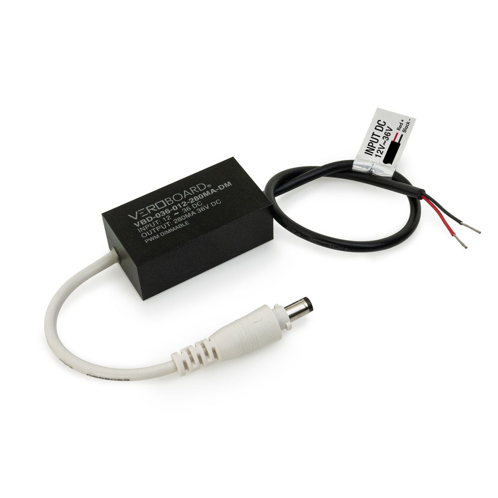 Veroboard DC-DC power converter with input and output wires, designed for LED applications.