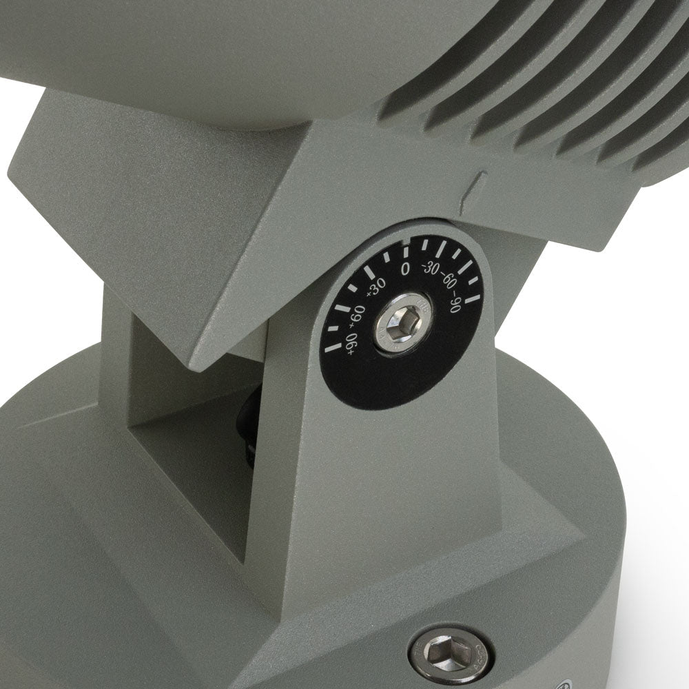Close-up of the adjustable base and angle dial of a landscape spot light.