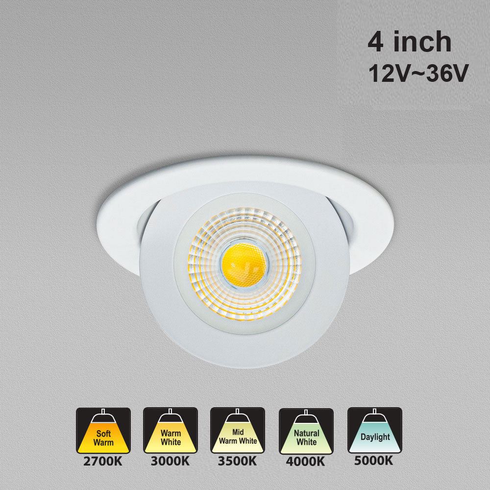 4 inch dimmable recessed LED downlight, 12V-36V, with color temperatures: 2700K to 5000K, ideal for various lighting needs.
