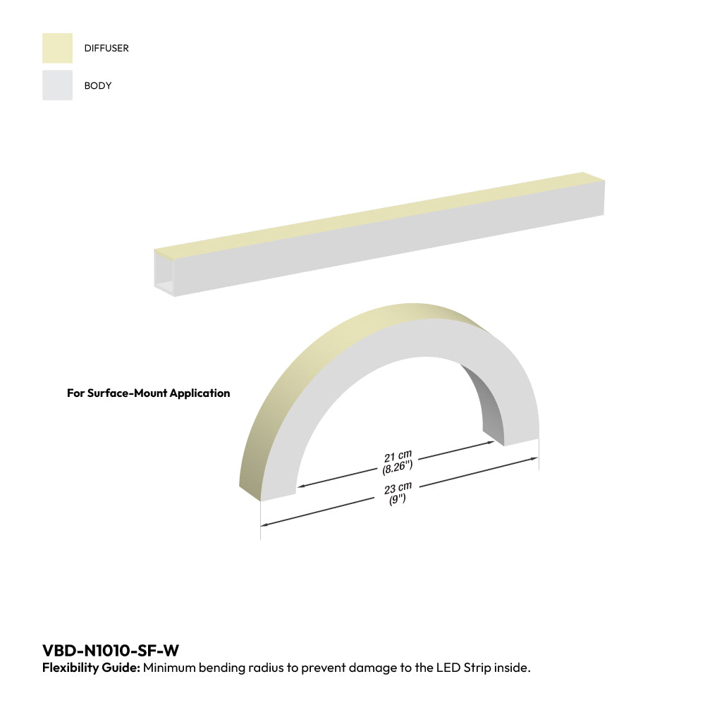 White Silicone Flexible LED Neon channel VBD-N1010-SF-W, per foot(30.5cm) SURFACE Mount