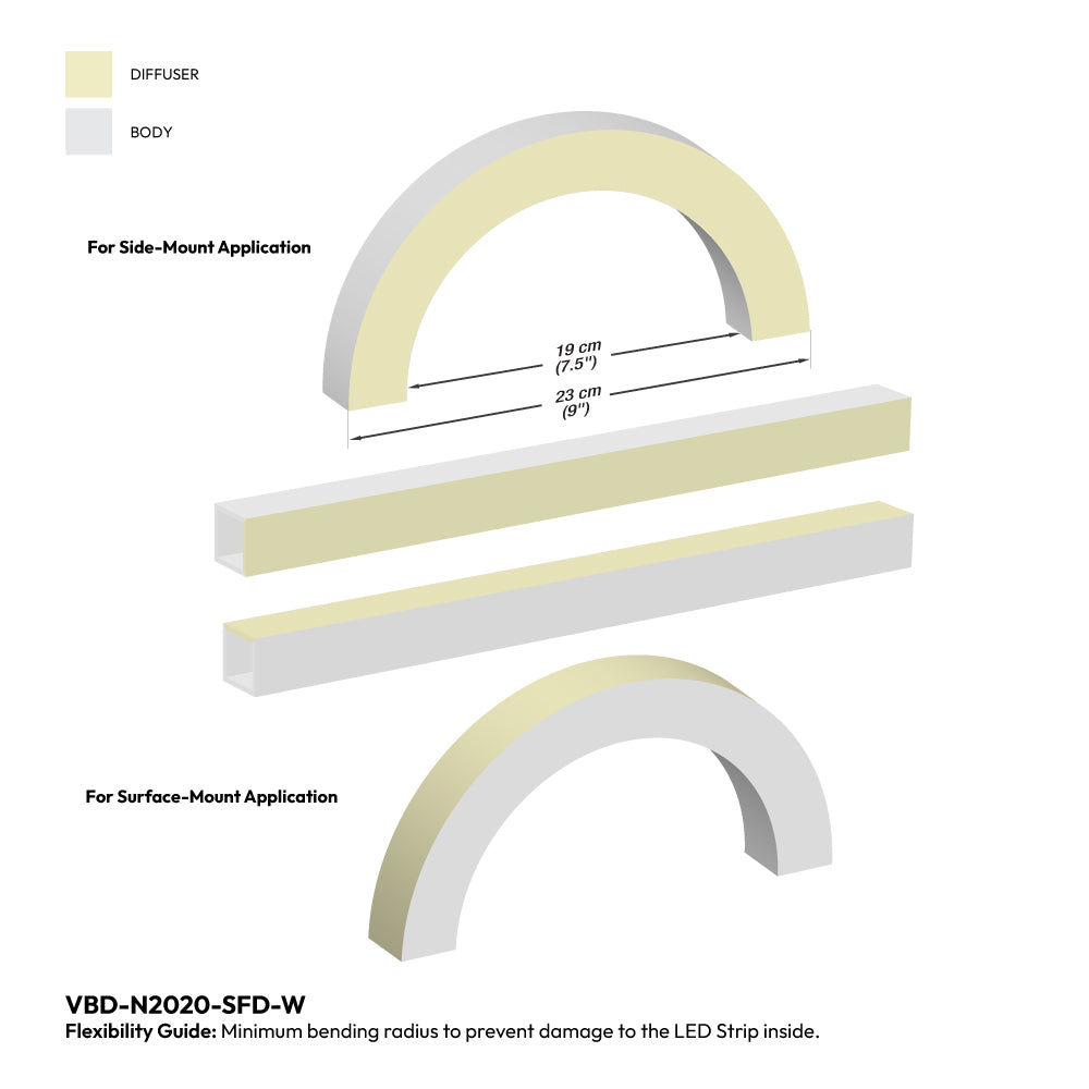 White Silicone Flexible LED Neon channel VBD-N2020-SFD-W, per foot(30.5cm) SIDE & SURFACE Mount