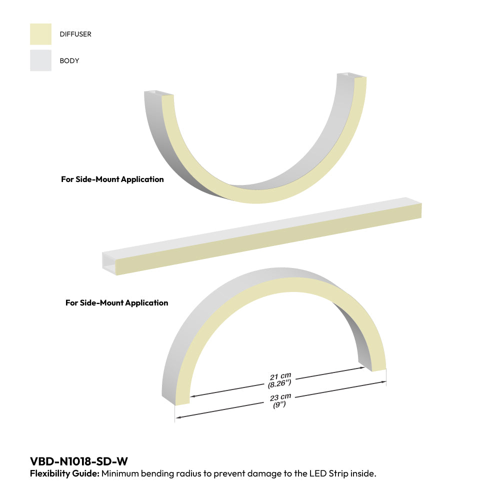 White Silicone Flexible LED Neon channel VBD-N1018-SD-W, per foot(30.5cm) SIDE Mount