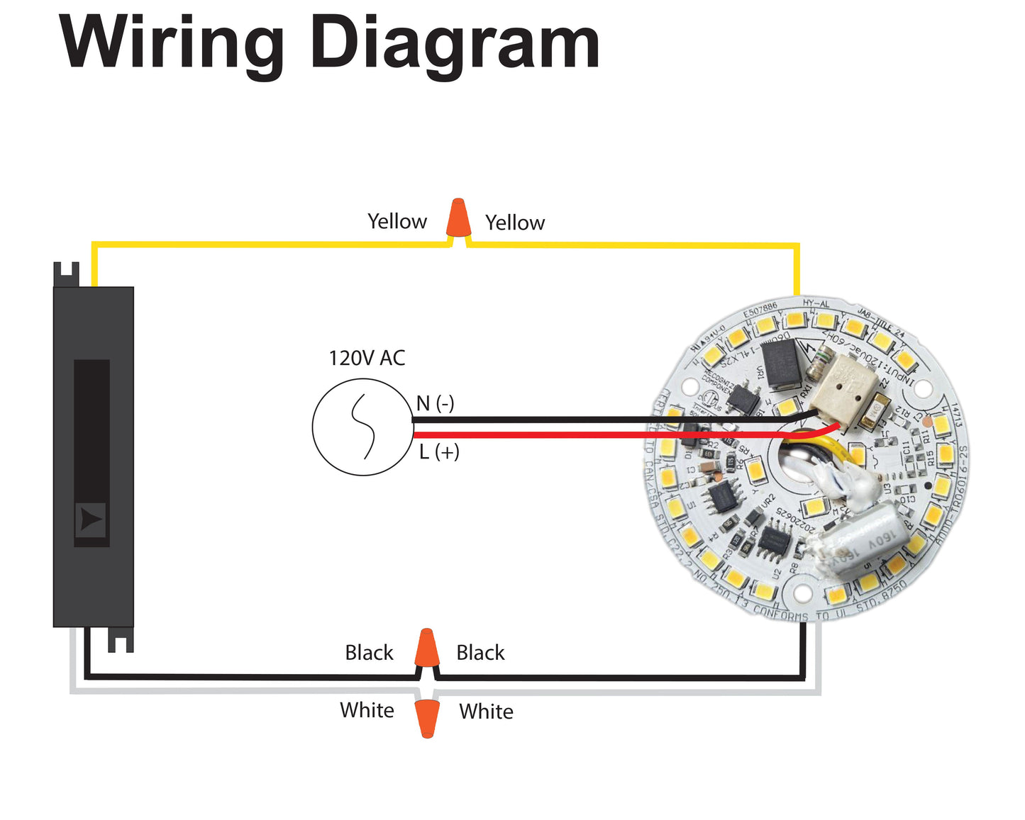 Wiring diagram for 2.4 inch Round Disc LED Module TR06016-2S, showing connections for 120V AC power.