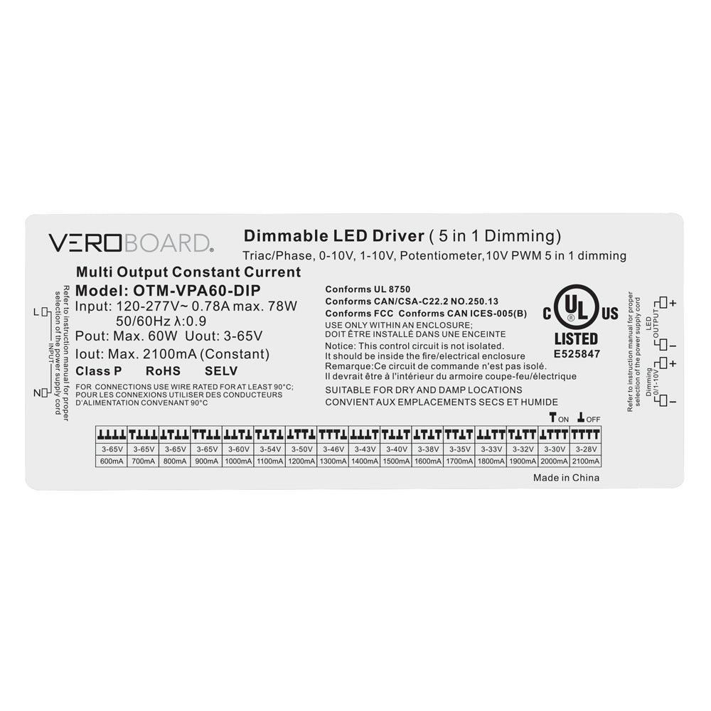 Label of OTM-VPA60-DIP Dimmable LED Driver showing specifications and dimming options, multi-output constant current design.