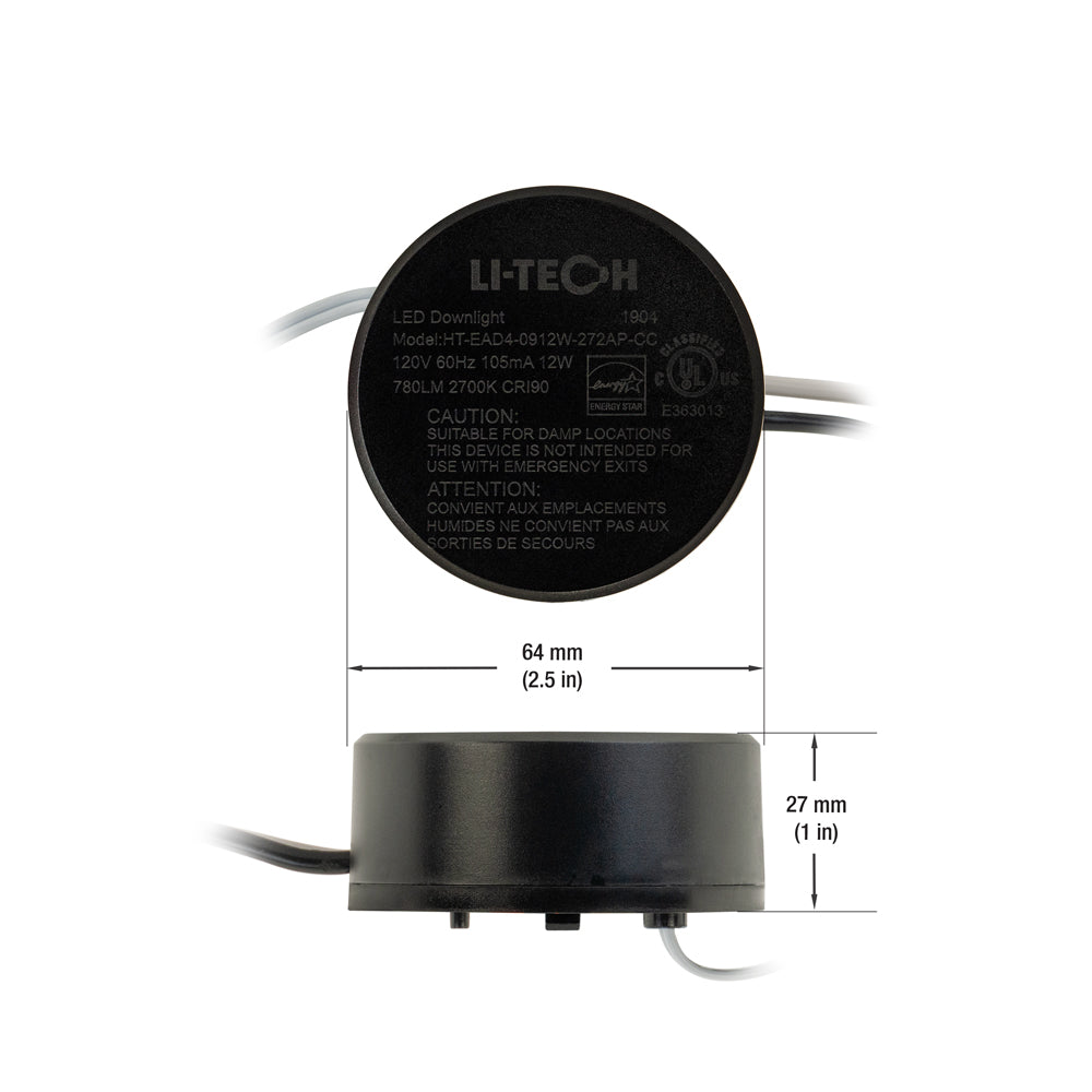 LI-TECH LED downlight model with dimensions, 120V, 12W, suitable for damp locations, 2700K color temperature.