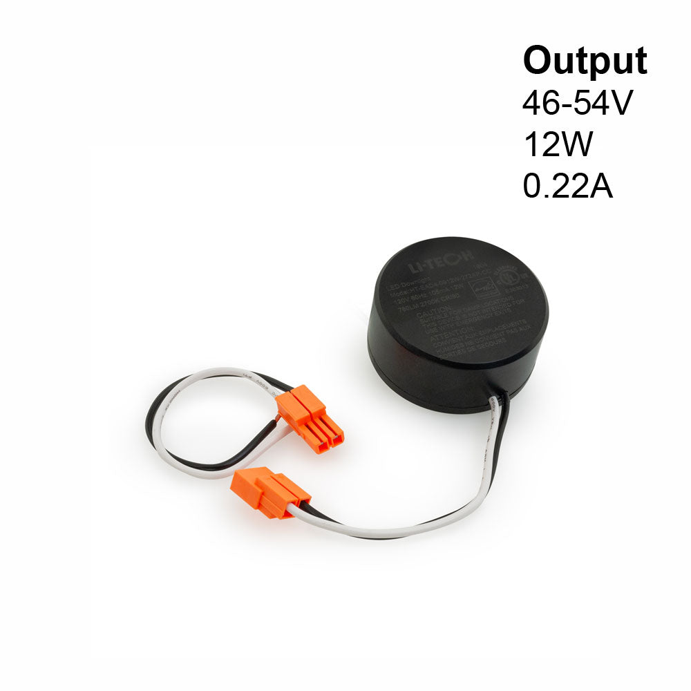 LI-TECH Constant Current Power Supply showing output specifications: 46-54V, 12W, and 0.22A with connection wires.