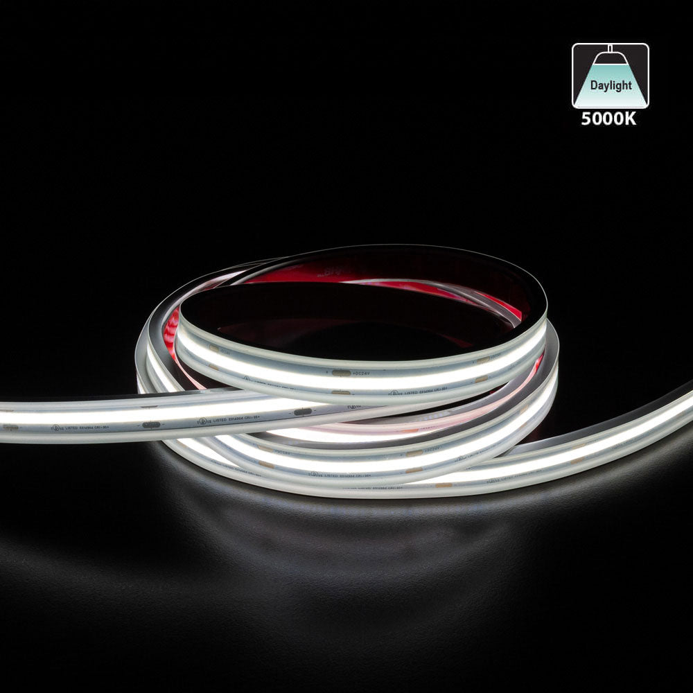 Custom cut COB LED strip light in 5000K daylight color temperature, showcasing its flexible design.