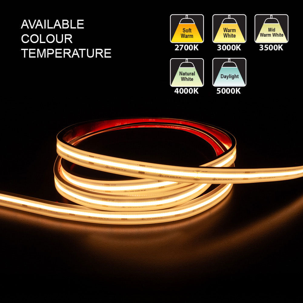 Custom COB LED strip light showing available color temperatures: 2700K, 3000K, 3500K, 4000K, and 5000K.