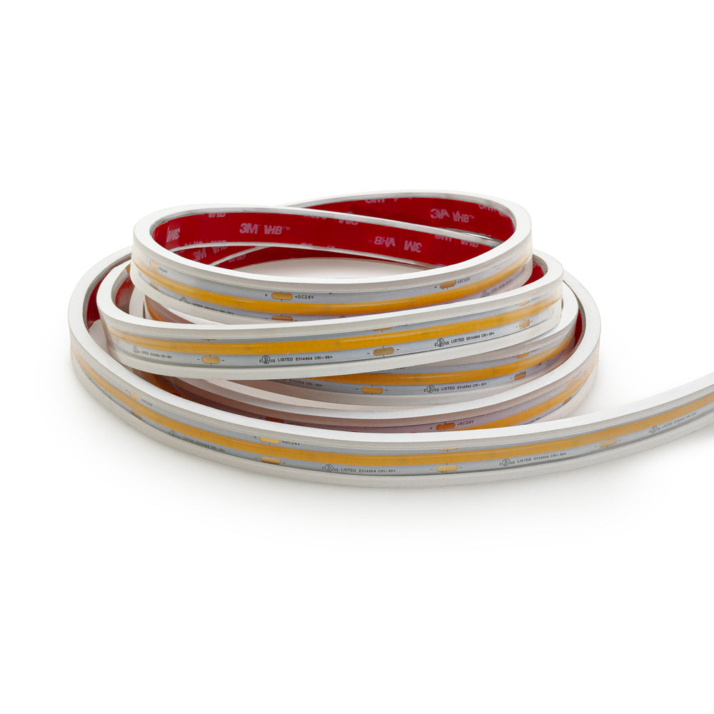 Custom cut outdoor COB LED strip light in flexible rolls, 24V, 9W per meter, available in various color temperatures.