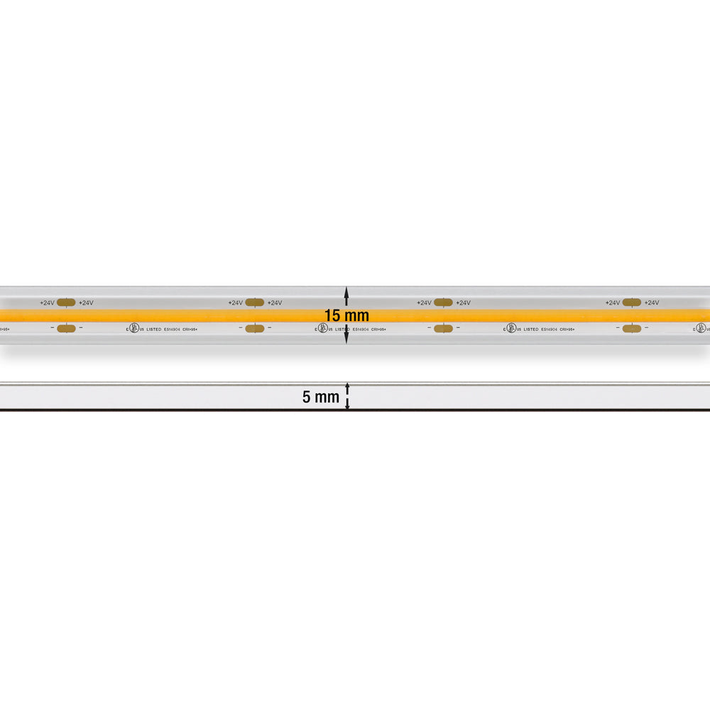 Close-up view of a custom cut COB LED strip light with measurements of 15mm width and 5mm thickness.