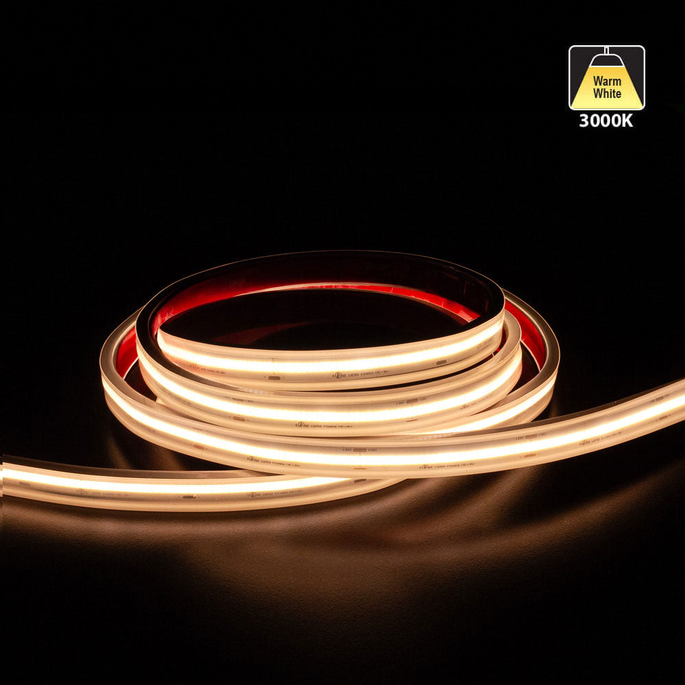 Custom cut COB LED strip light in warm white 3000K, showcasing flexible design and bright illumination.