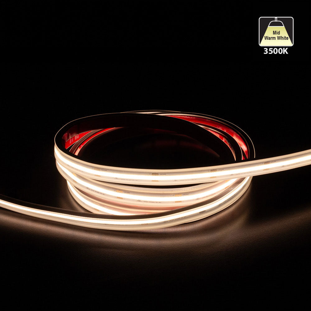 Custom cut outdoor COB LED strip light in mid-warm white (3500K) flexible design for versatile lighting solutions.