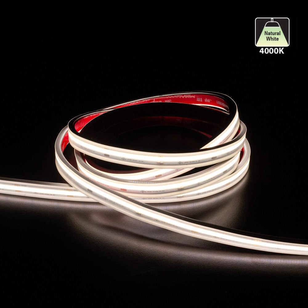 Custom cut COB LED strip light in natural white (4000K) on black background.