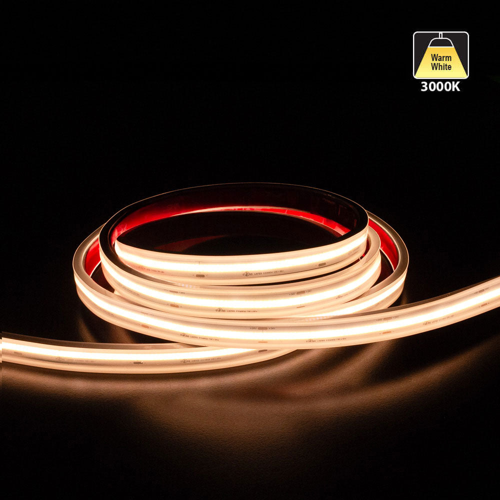 Custom cut Outdoor COB LED Strip Light, 24V, 3000K Warm White, flexible lighting solution.