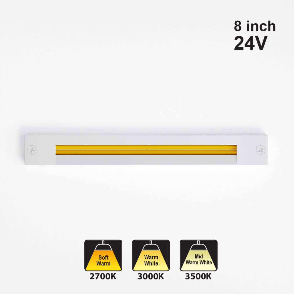 8 inch linear cabinet light in white, 24V, available in 2700K, 3000K, and 3500K color temperatures.