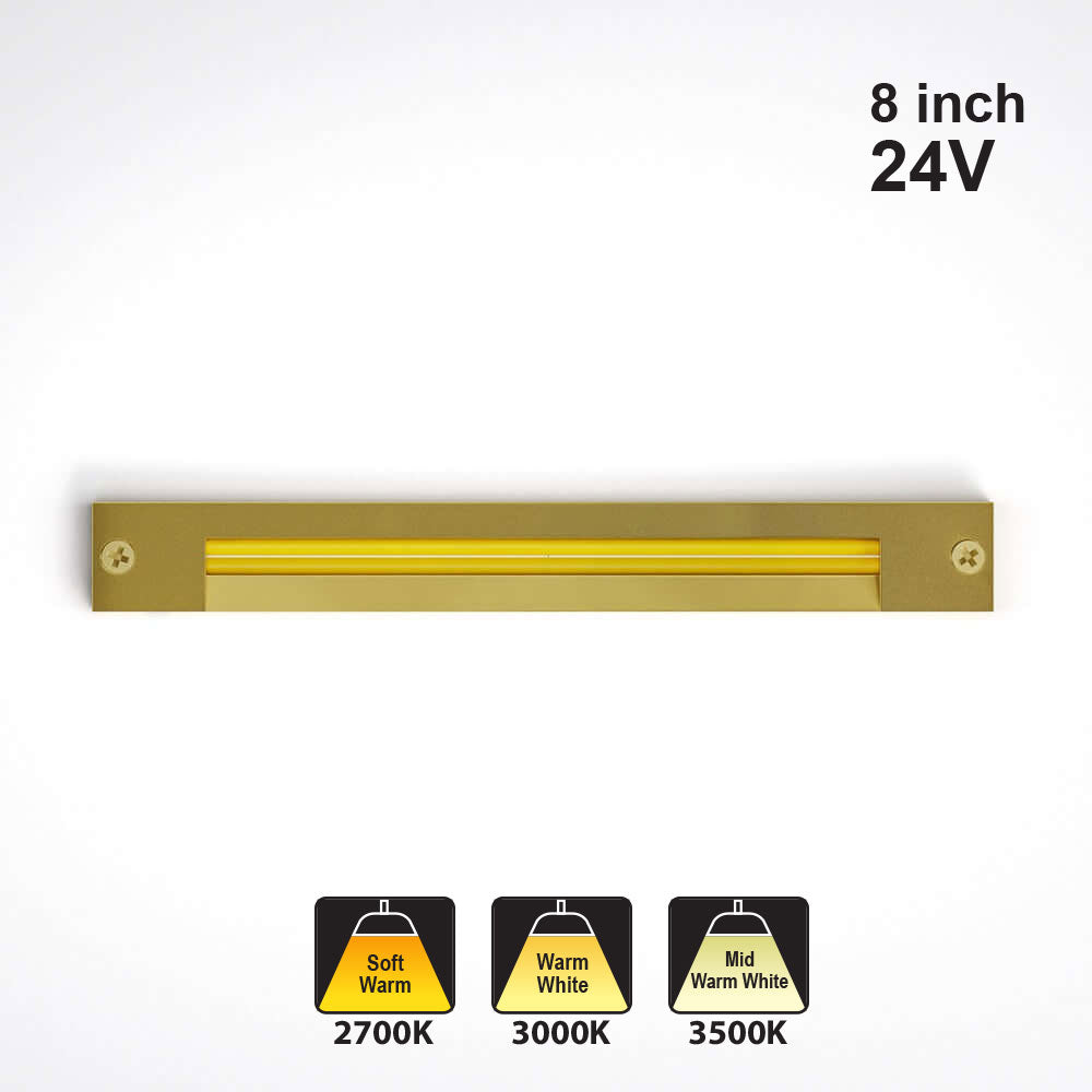 8 inch linear cabinet shelf light in gold, 24V, adjustable color temperatures 2700K, 3000K, 3500K.