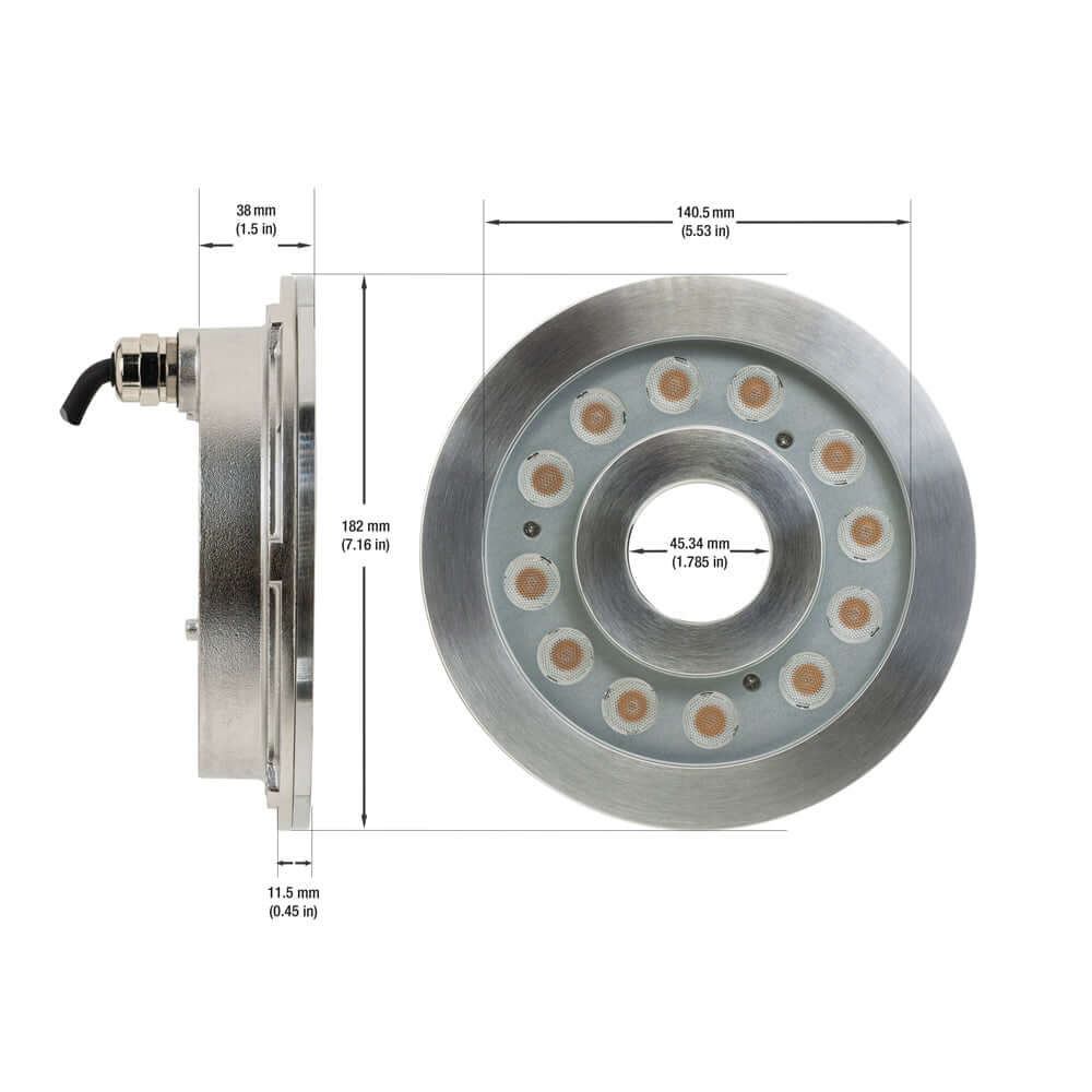 Submersible Spotlight (Underwater) 3000K 24V 28.8W, VBD-SUBF-24-24V-3K dimensions and specifications image.