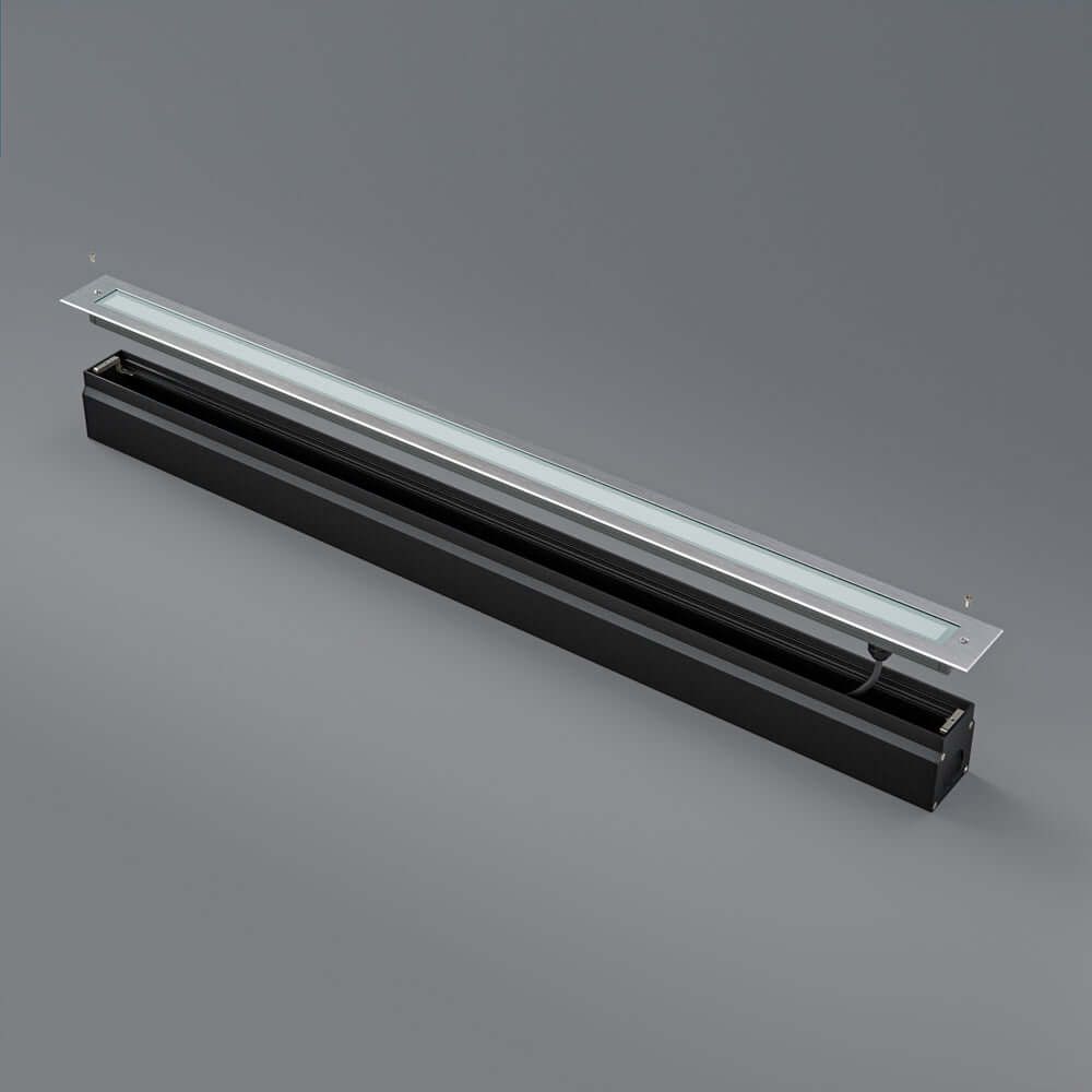 40-inch Outdoor Linear Recessed LED Inground Light 24V 26.5W 3000K, VBD-I-LIN-4F-30-24V-3K in black housing.