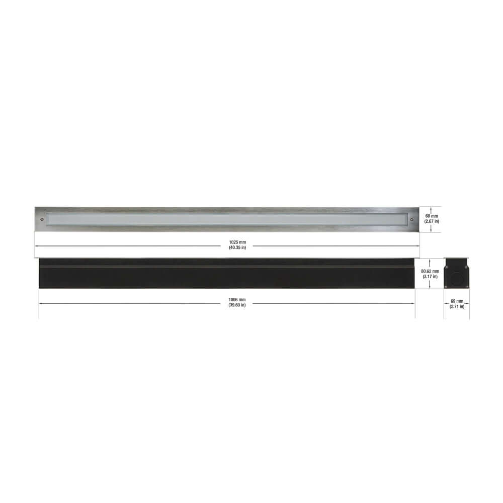 40-inch Outdoor Linear Recessed LED Inground Light 24V 26.5W 3000K, VBD-I-LIN-4F-30-24V-3K with dimensions and specifications.