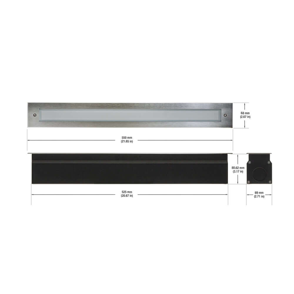 20-inch Outdoor Linear Recessed LED Inground Light 24V 13.2W 3000K, VBD-I-LIN-2F-30-24V-3K dimensions and specifications.