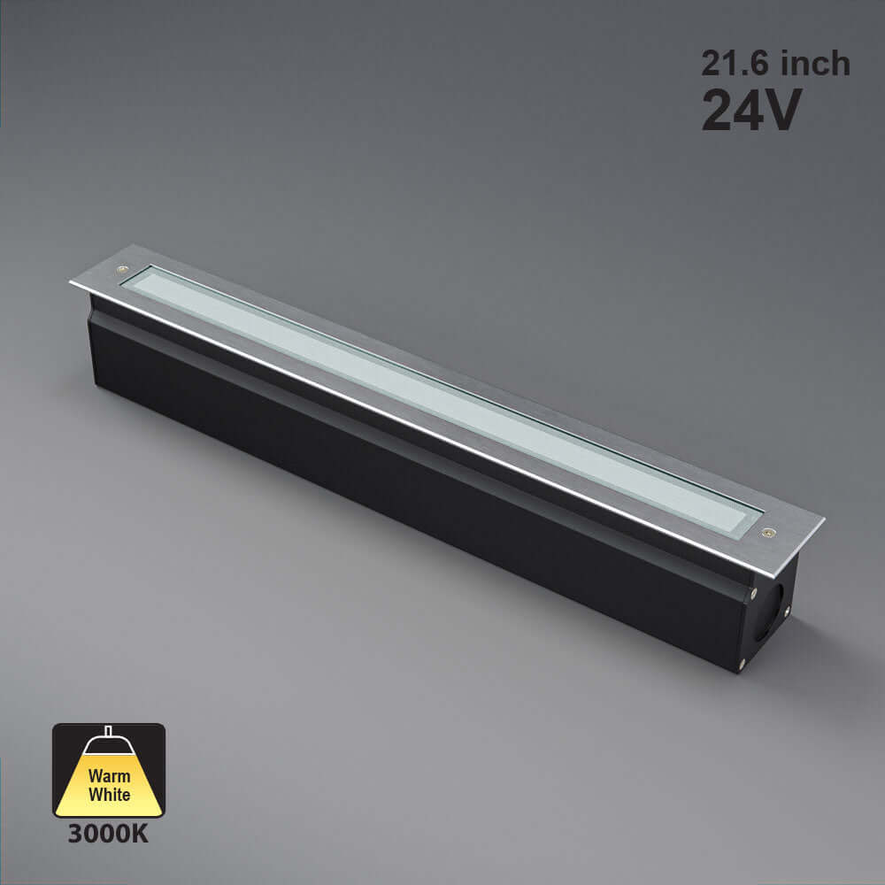 20-inch Outdoor Linear Recessed LED Inground Light 24V 13.2W 3000K, VBD-I-LIN-2F-30-24V-3K displayed with warm white label