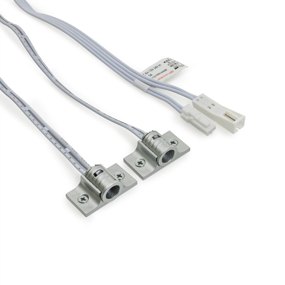 Dual head door sensor switch with metal connectors and white wiring for 12-24V applications.