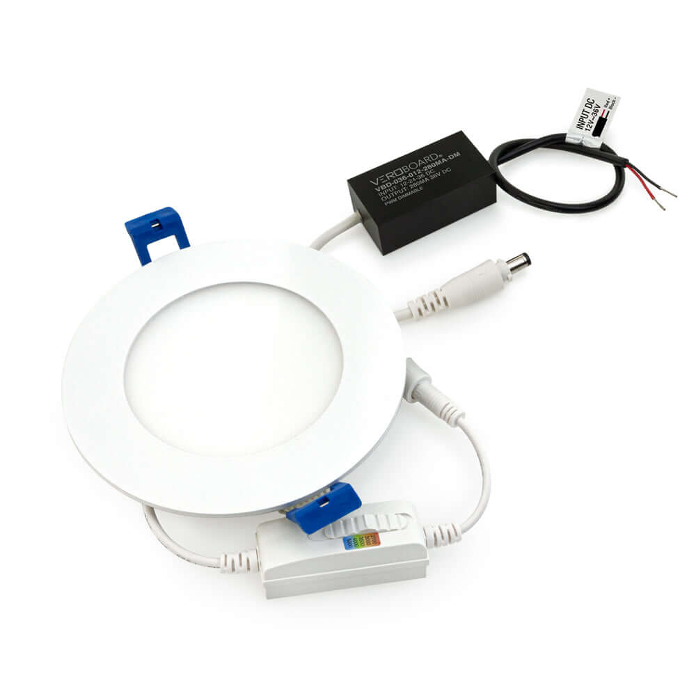 4 inch round LED panel light with FT6 rated wiring and adjustable brightness features in a white finish.