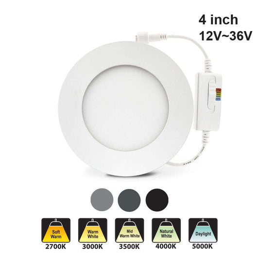4 inch round LED panel light with adjustable color temperatures 2700K to 5000K, compatible with 12V to 36V.