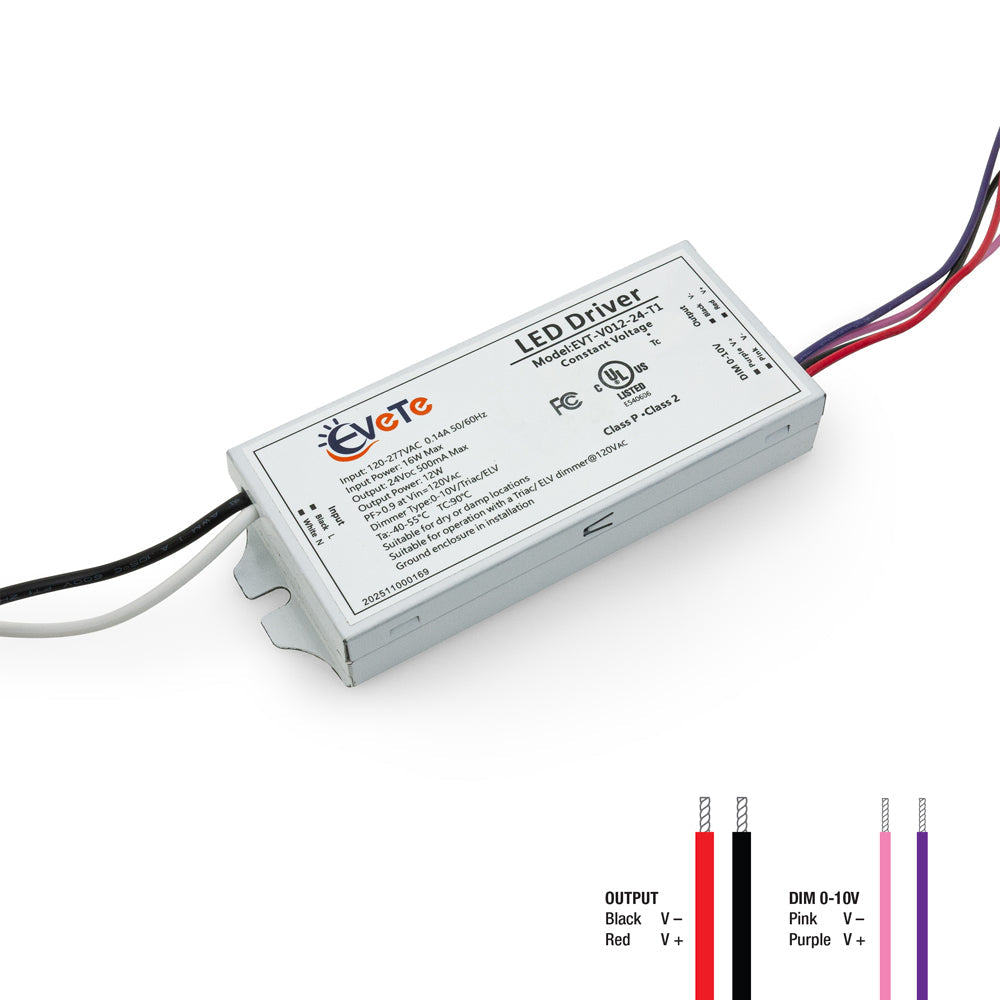 0-10V/Triac/ELV Dimmable Constant Voltage LED Driver 24V 500mA 12W, EVT-V012-24-T1