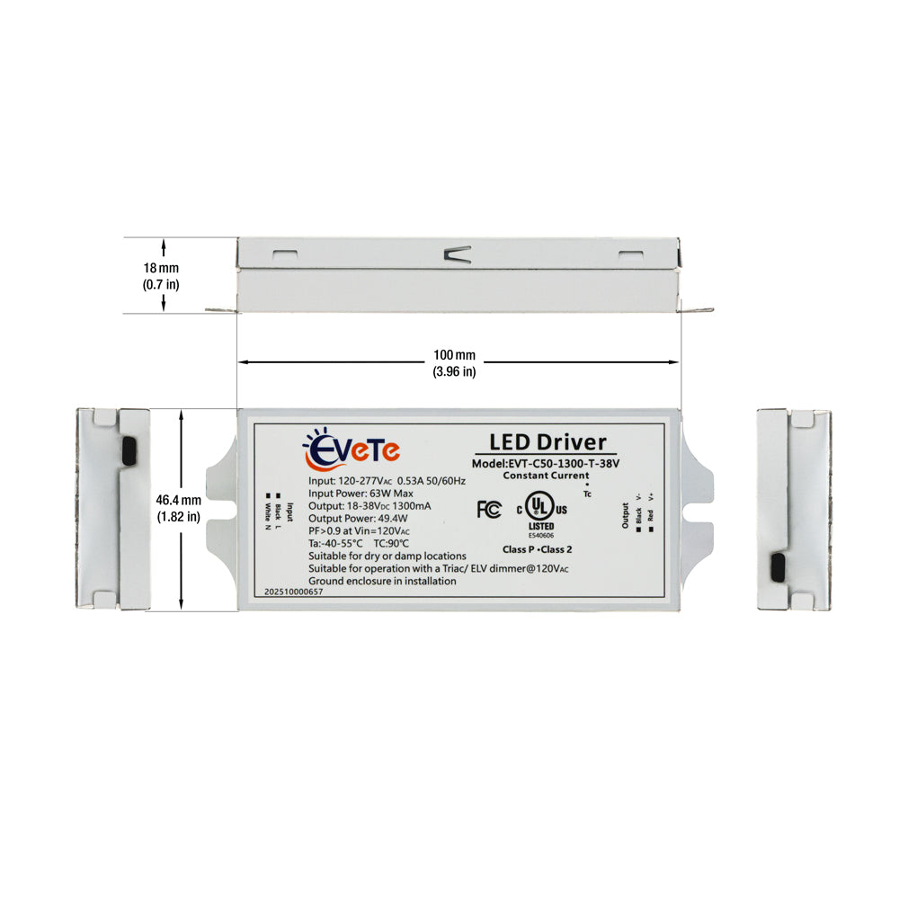 EVT-C50-1300-T-38V Constant Current LED Driver 1300mA dimensions and specifications for efficient lighting.