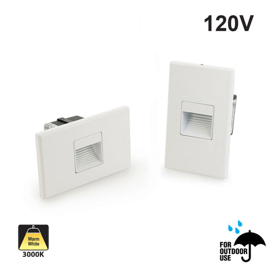 ST-1025 Rectangular LED step light with warm white 3000K, 120V, suitable for outdoor use.