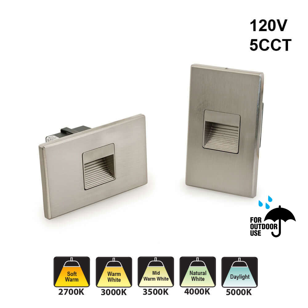 LSD-5CCTBN Horizontal and Vertical Orientation Brushed Nickel LED Step Light 120V, 2W, Adjustable 5CCT(2.7K, 3K, 3.5K, 4K, 5K)