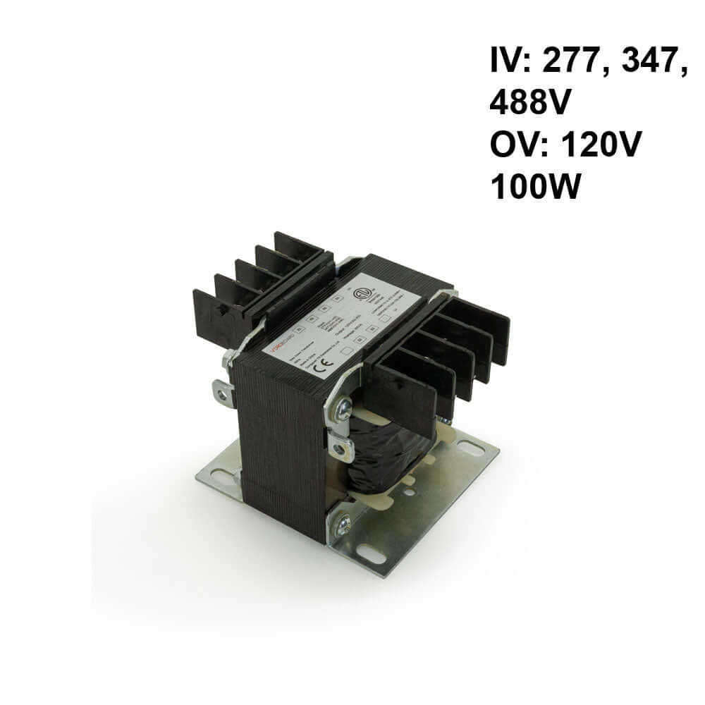 Step-Down Transformer 277V, 347V, 488V to 120V output, 100W, ideal for commercial and industrial applications.
