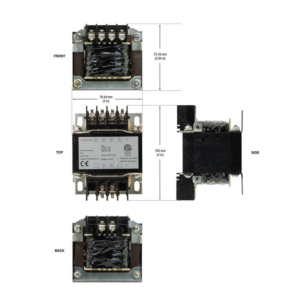 Step-down transformer dimensions and angles: front, top, side, and back, showing wiring details and specifications.