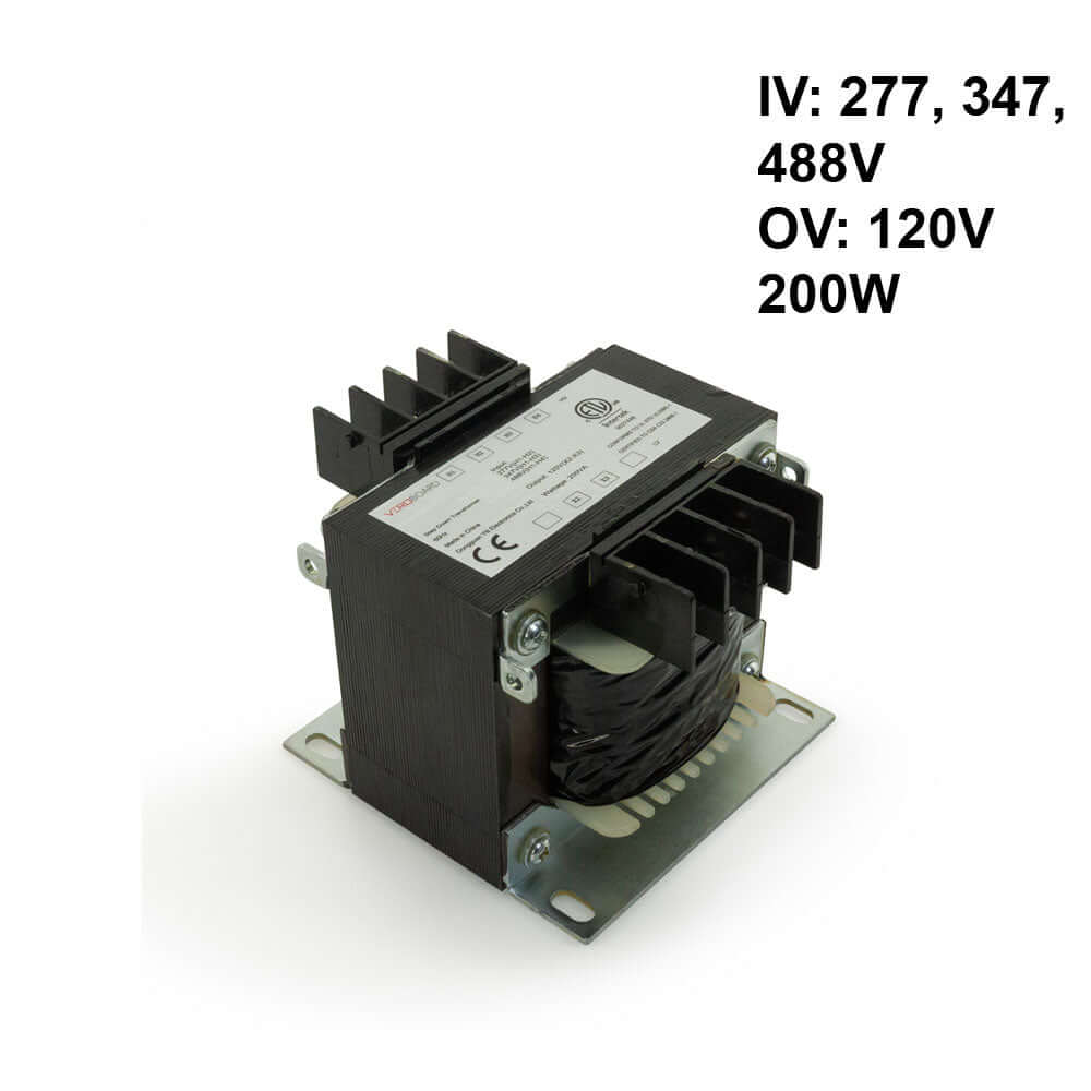 Step-Down Transformer converts 277V, 347V, 488V to 120V, 200W, suitable for industrial and commercial use.