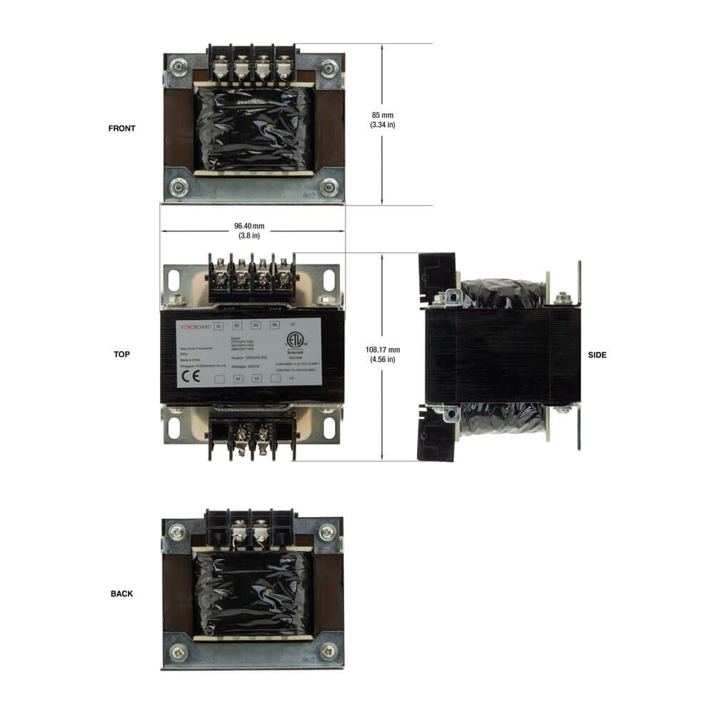 Step-Down Transformer VBD-STDN-AC-120V-200VA dimensions: front, top, side, and back views with label measurements.